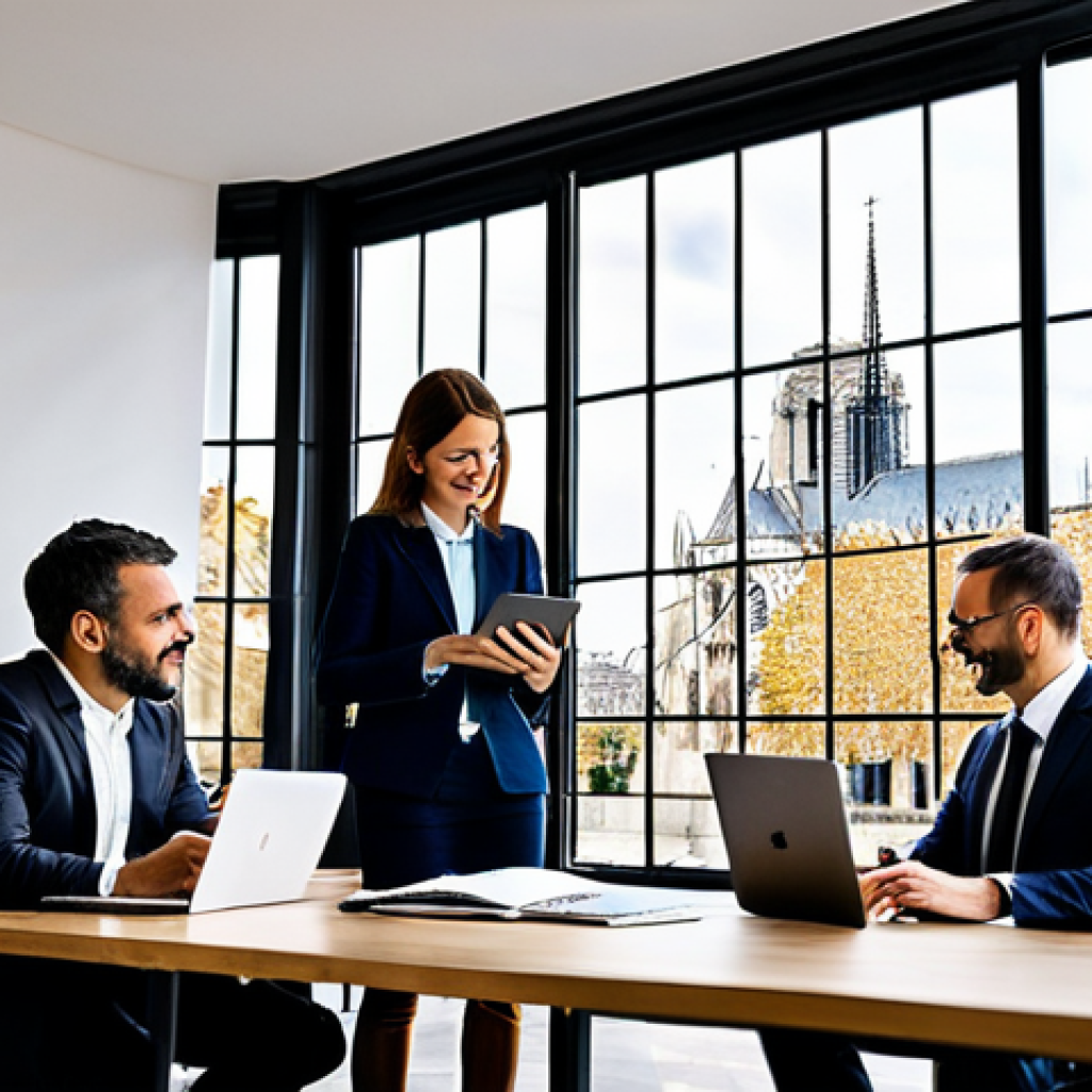 사회적 심리학 - Business Strategy Session**

"A diverse team of professionals in a modern Parisian office, gathered ...