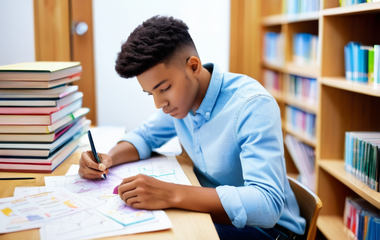 심리학 시험과목 - **Mind Mapping Psychology Theories:** A young adult student, dressed in a comfortable yet stylish lo...