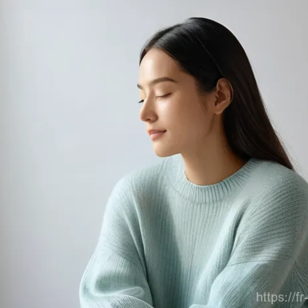 심리학과 협업 - **A serene, thoughtful woman** in her late 20s or early 30s, dressed in comfortable, stylish casual ...