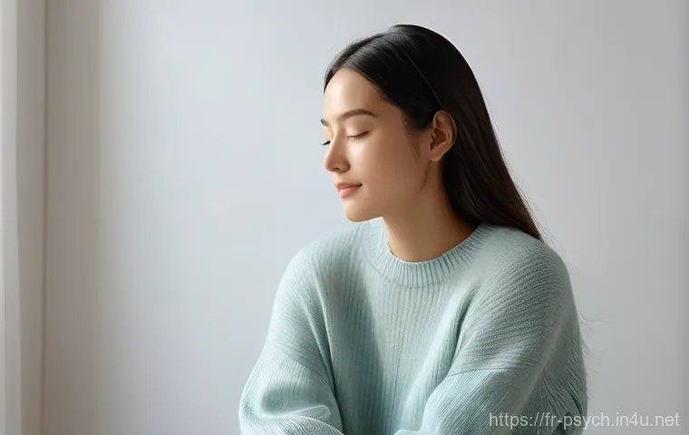 심리학과 협업 - **A serene, thoughtful woman** in her late 20s or early 30s, dressed in comfortable, stylish casual ...