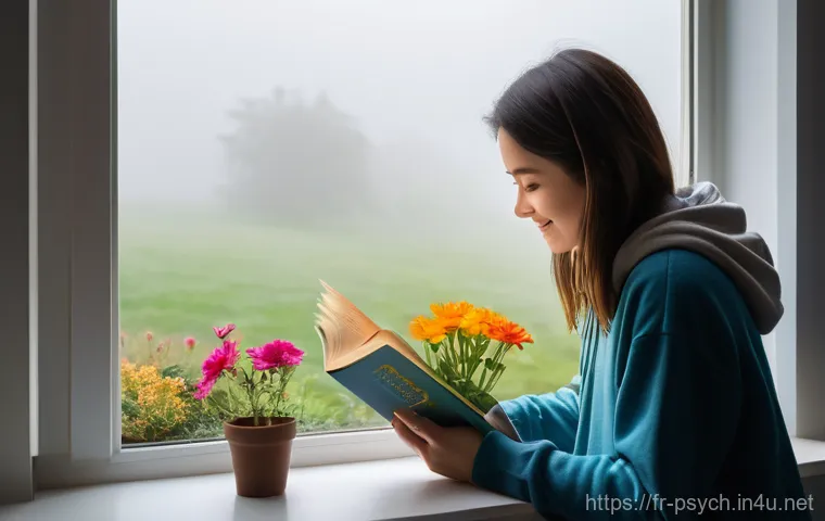 심리학과 협업 - **A serene, thoughtful woman** in her late 20s or early 30s, dressed in comfortable, stylish casual ...