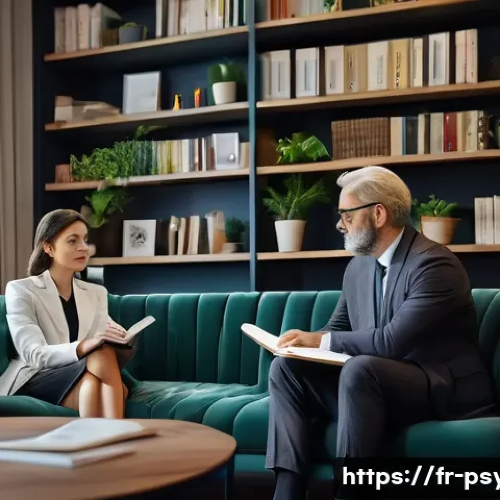 심리학 진로 선택 - A compassionate clinical psychologist in a modern private office, attentively listening to an adult ...