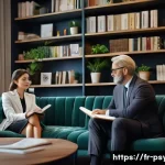 심리학 진로 선택 - A compassionate clinical psychologist in a modern private office, attentively listening to an adult ...