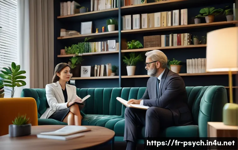 심리학 진로 선택 - A compassionate clinical psychologist in a modern private office, attentively listening to an adult ...