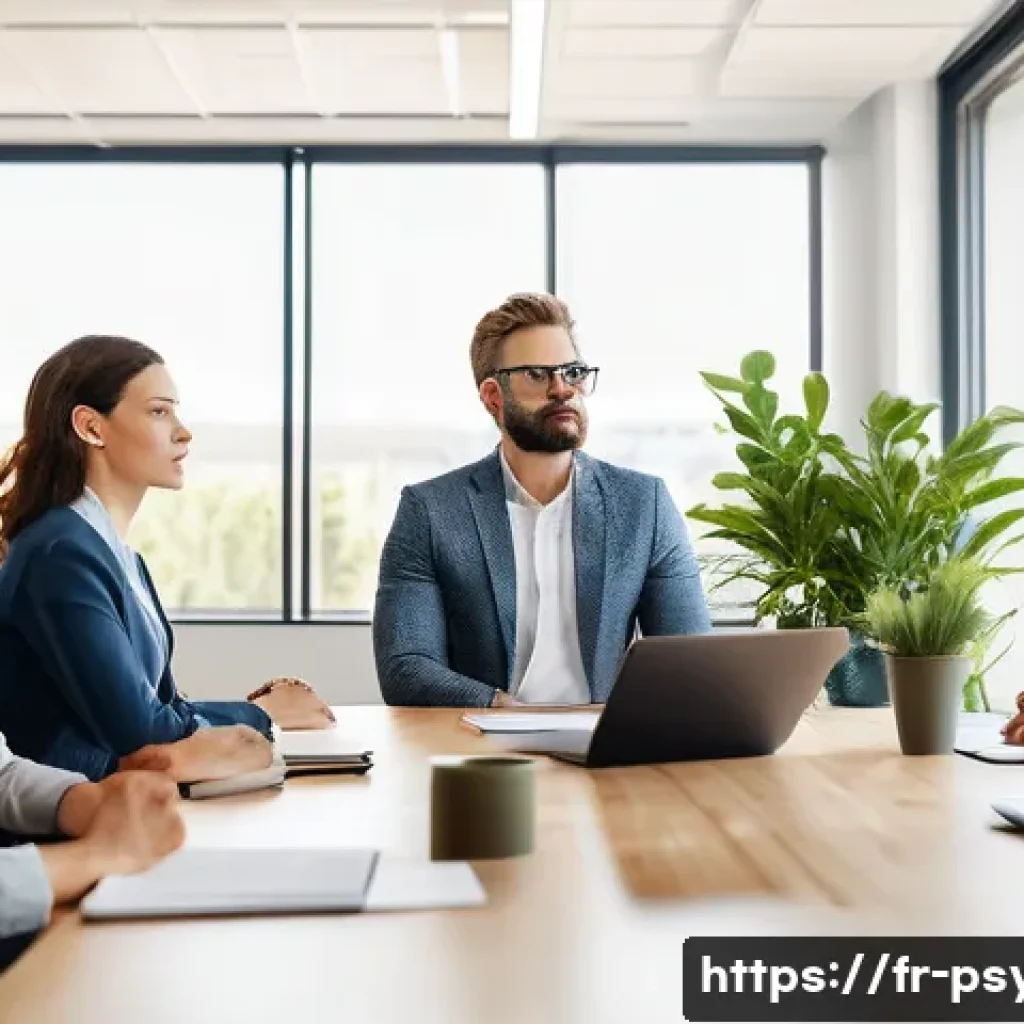 심리학 현장 적용 - A modern French office scene showing a diverse group of professionals practicing mindfulness and dee...