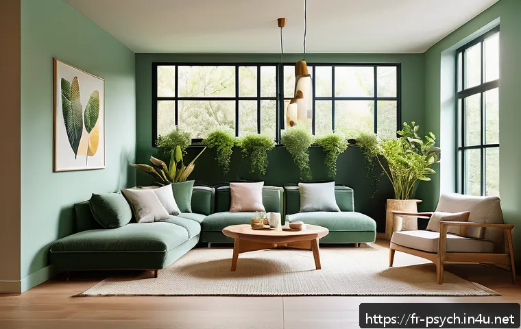 심리학 상담학 - A serene, softly lit modern living room designed to promote emotional well-being, featuring natural ...