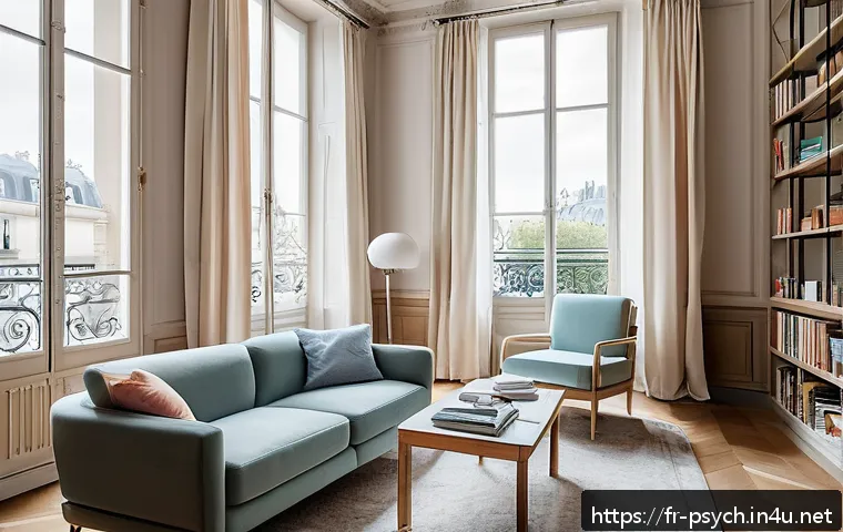 심리학 상담과정 - A warm and inviting psychologist&rsquo;s office in a modern Parisian apartment, featuring soft natural lig...